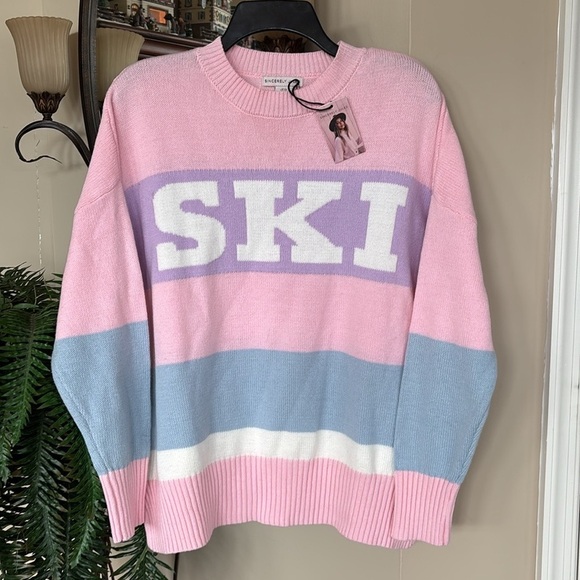 NWT Sincerely Jules Knit Pink Pastel Ski Sweater Crew Neck Oversized Stripes - Picture 1 of 12